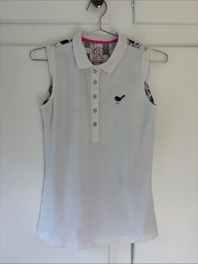 Girls Golf -Black & White Crossword-Print Sleeveless Golf Polo